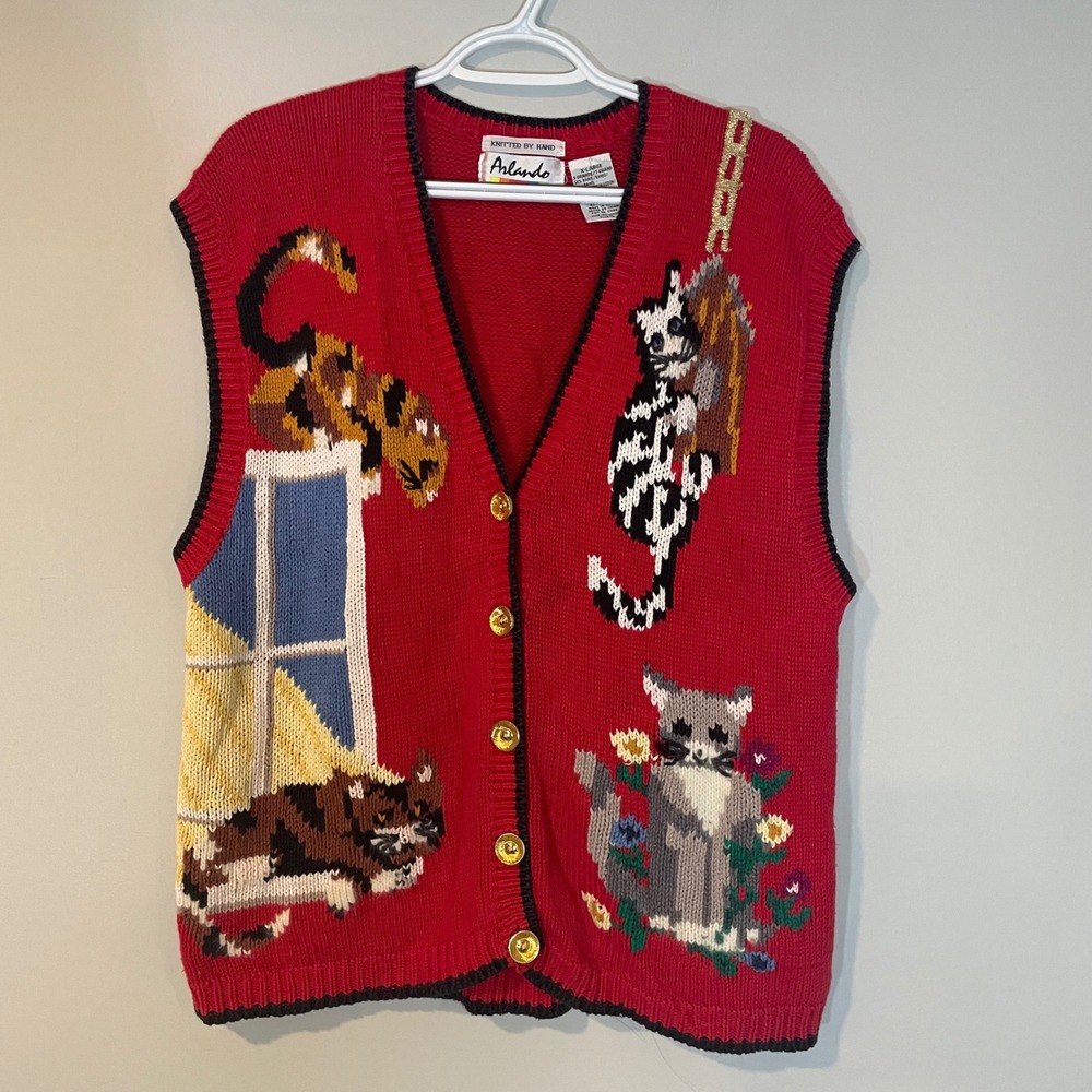 Vintage Cat Vest‎ Sweater Women's XL Hand Knit Gold Button Front Red Arlando 80s